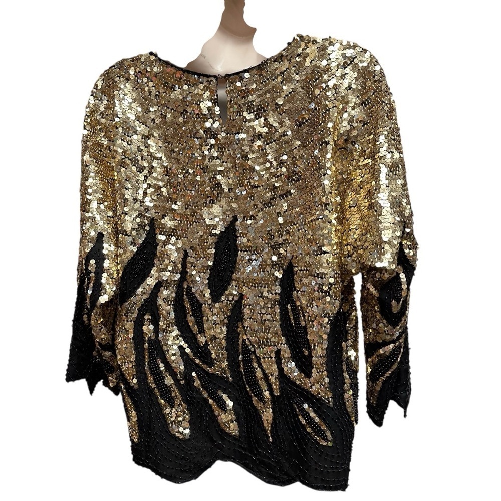 Vintage 1980s silk beaded sequins shirt fire design women’s small black gold - Picture 2 of 10